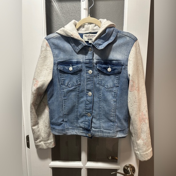 Wallflower Jackets & Blazers - Wallflower Dreamer Knit-Sleeve Hooded Jean Jacket